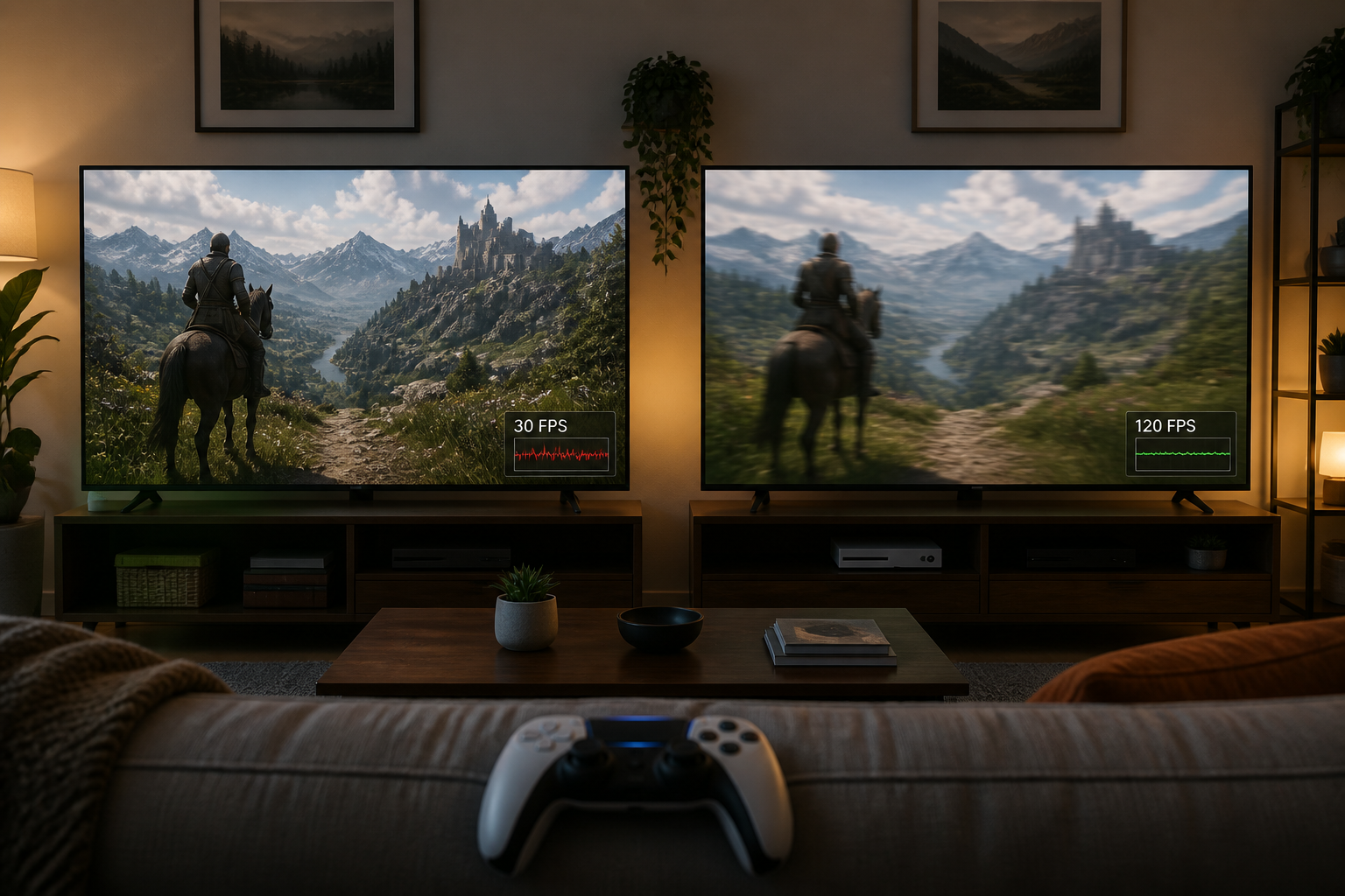 Two TVs comparing graphics fidelity and frame-rate performance