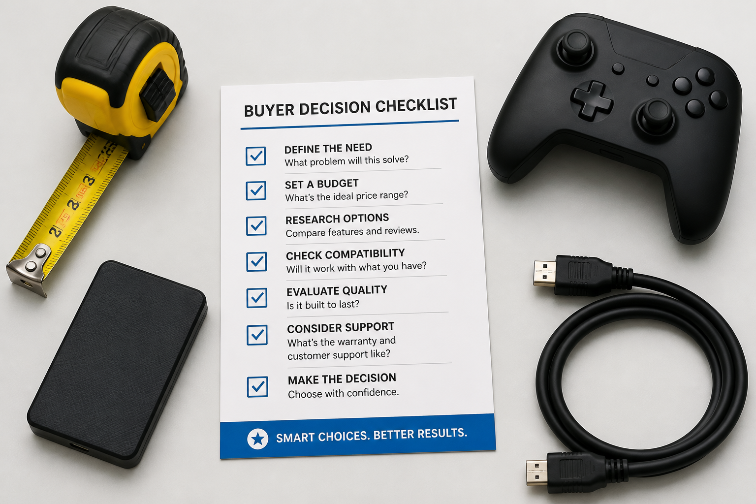 Buyer checklist with measuring tape, controller and external SSD