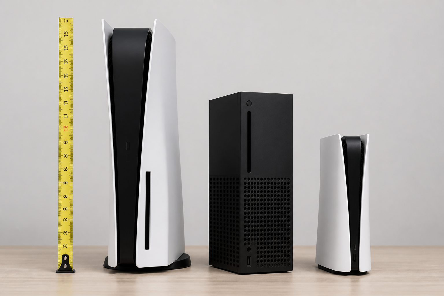 Three console silhouettes showing relative size differences with a ruler
